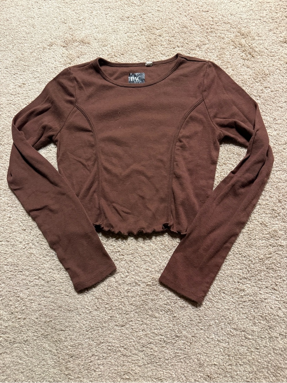 Brown Long-Sleeve Ribbed Edge Crop Top